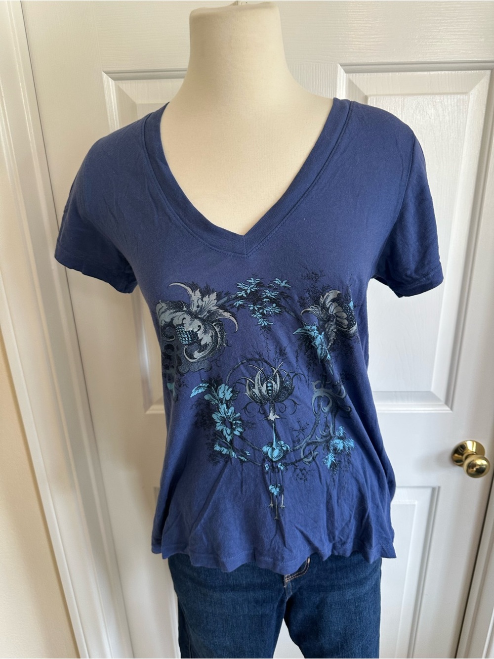 Wildfox Navy V-Neck Floral Graphic Tee